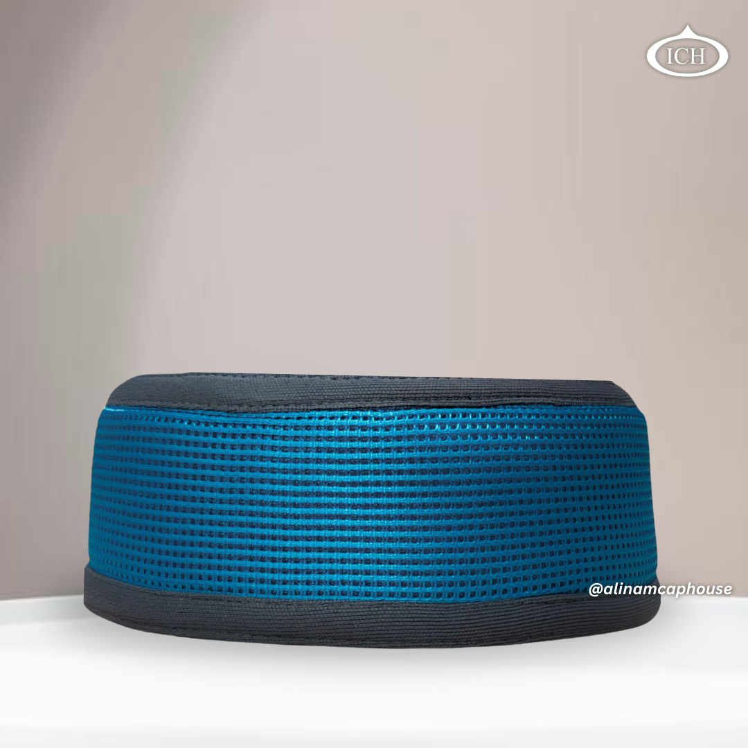 Al Inam Signature Islamic Prayer Cap turquoise & gray, Front view, stretchable free size, AL INAM CAP HOUSE