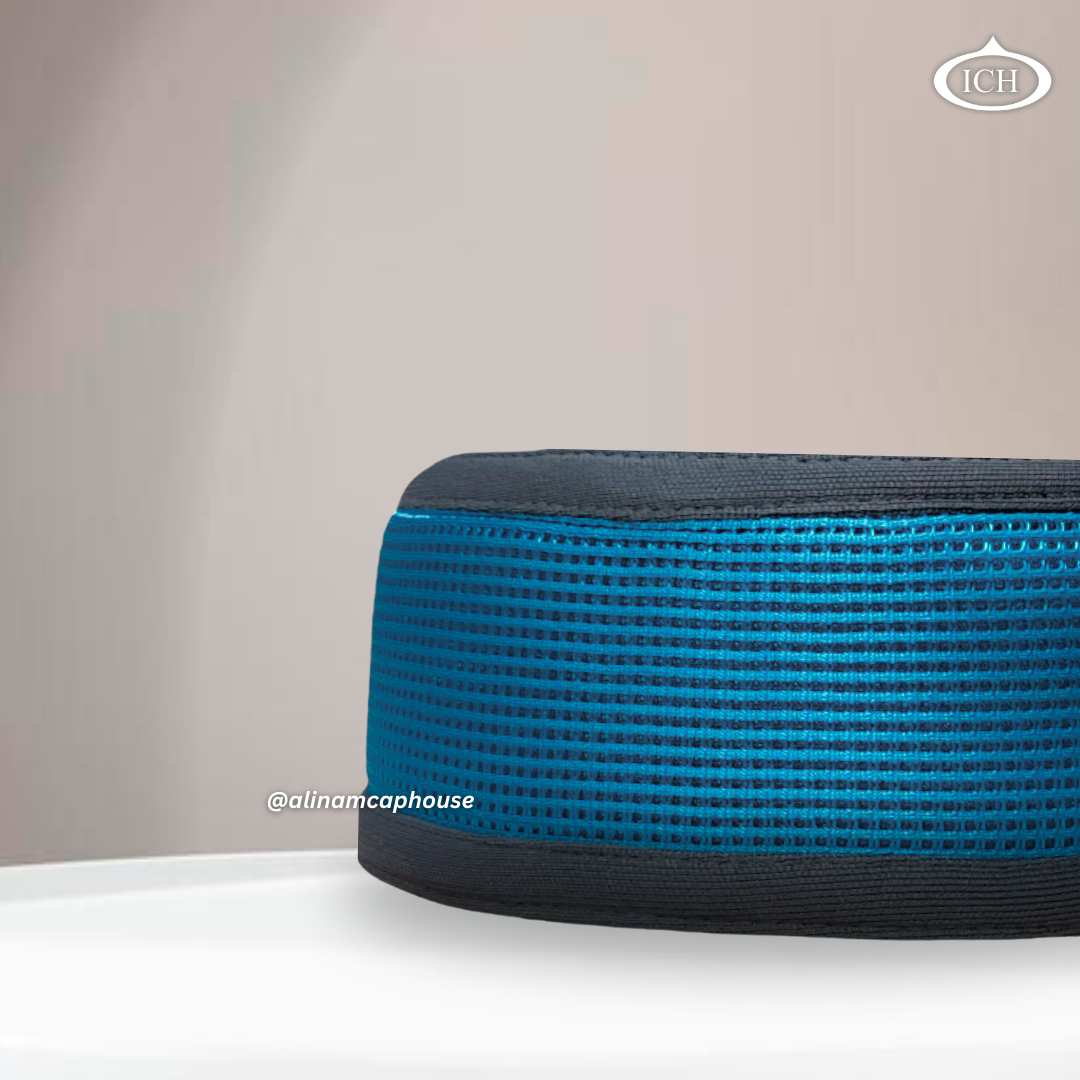 Al Inam Signature Islamic Prayer Cap turquoise & gray, kufi style design, side view, comfortable fit, AL INAM CAP HOUSE