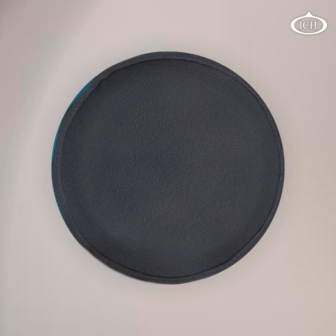 Al Inam Signature Islamic Prayer Cap turquoise & gray, top view, elegant handcrafted detail, AL INAM CAP HOUSE