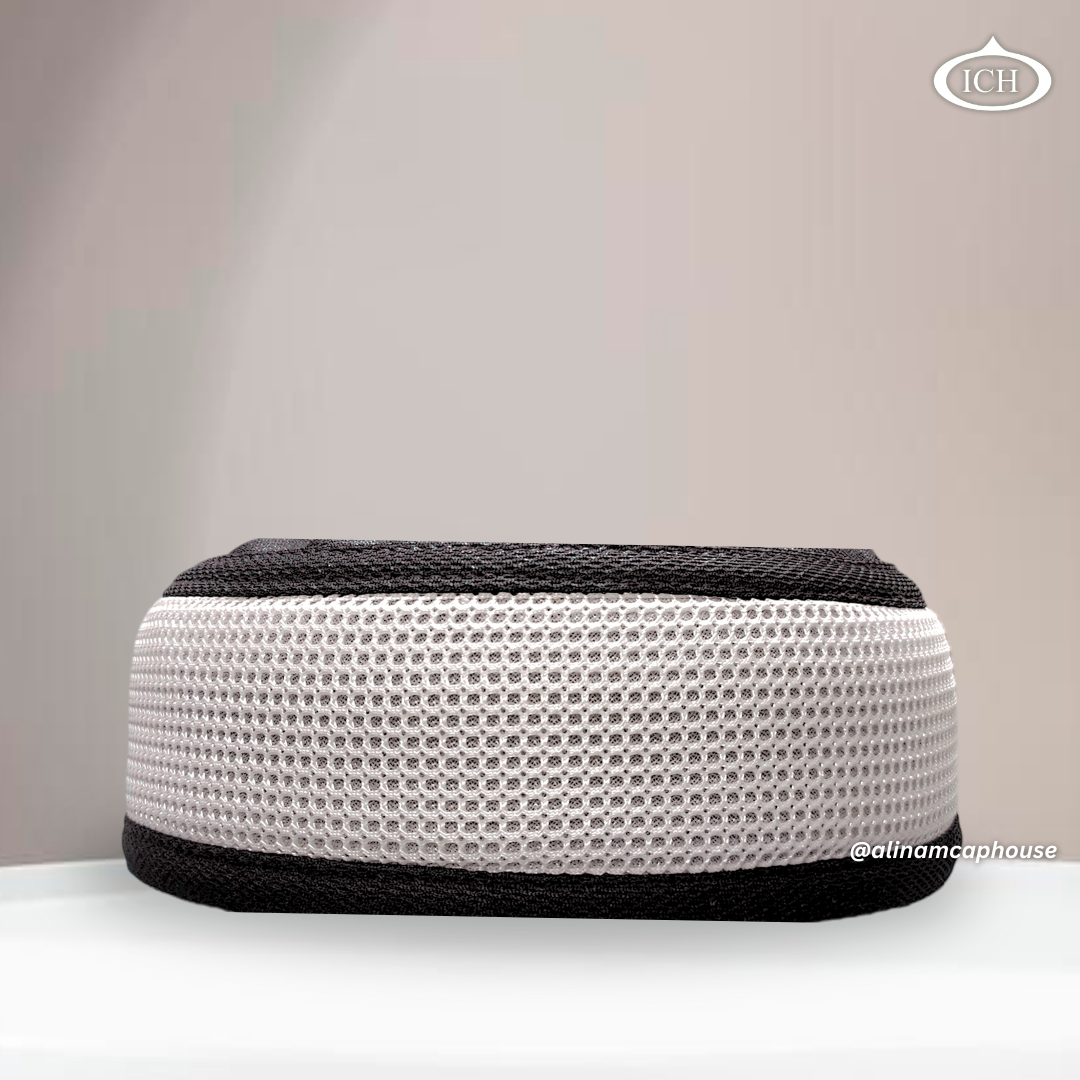 Al Inam Signature Islamic Prayer Cap white & black, premium prayer wear, front view, soft breathable fabric, AL INAM CAP HOUSE