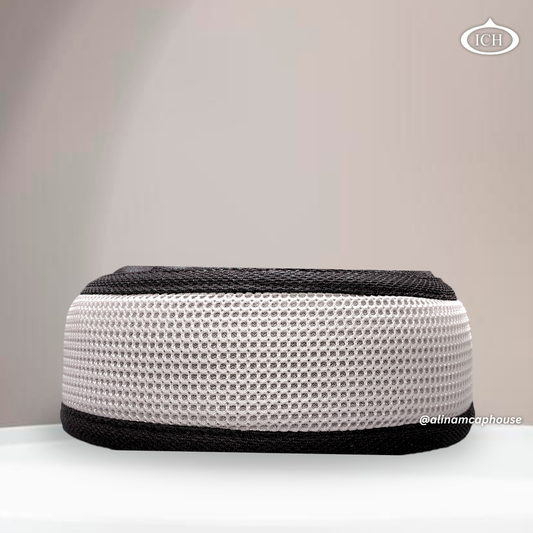 Al Inam Signature Islamic Prayer Cap white & black, premium prayer wear, front view, soft breathable fabric, AL INAM CAP HOUSE