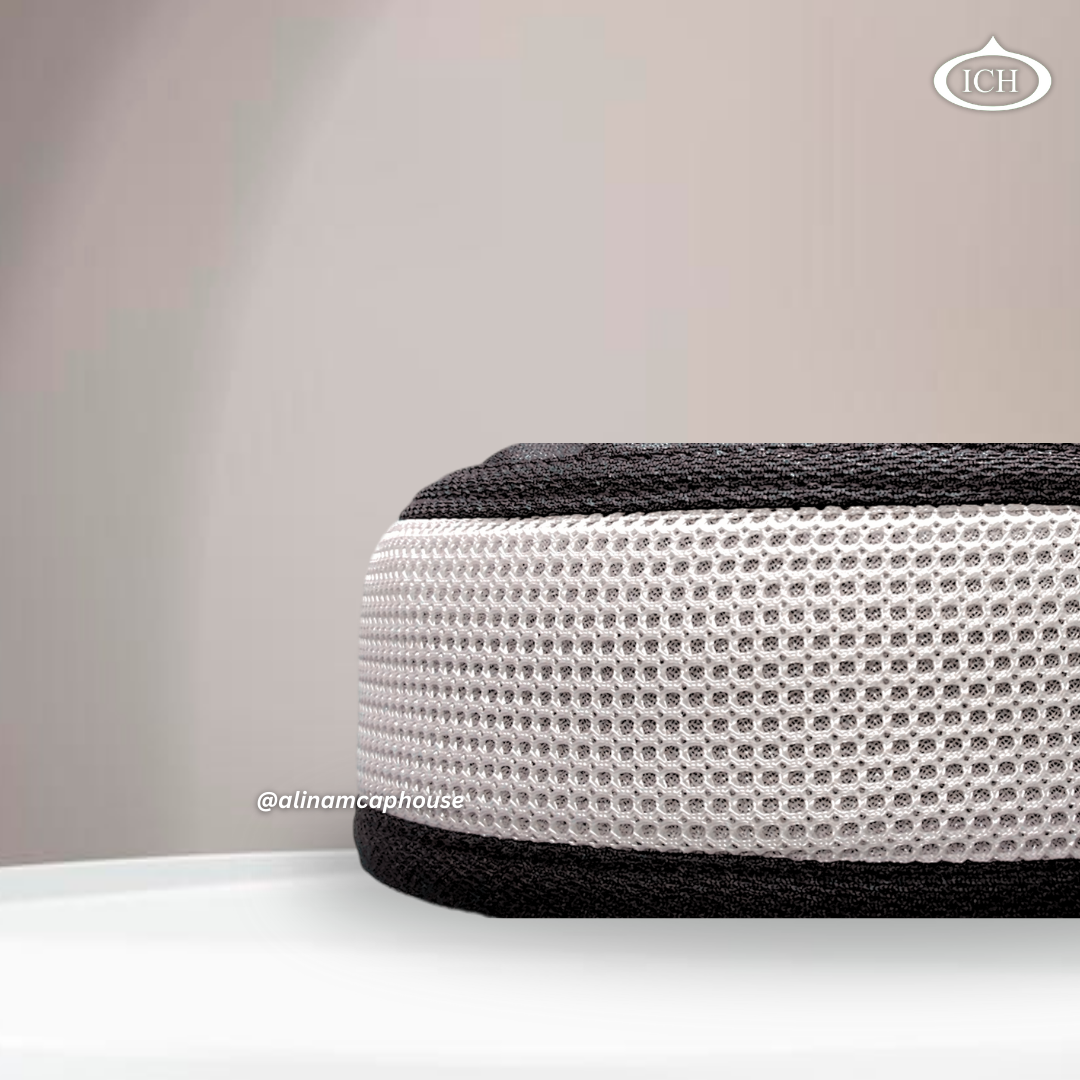 Al Inam Signature Islamic Prayer Cap white & black, side view, stretchable free size, AL INAM CAP HOUSE