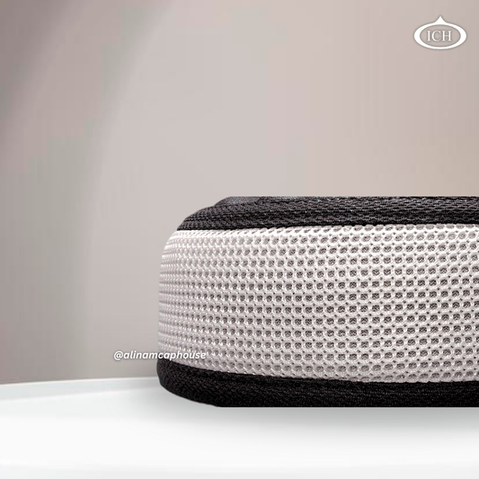 Al Inam Signature Islamic Prayer Cap white & black, side view, stretchable free size, AL INAM CAP HOUSE