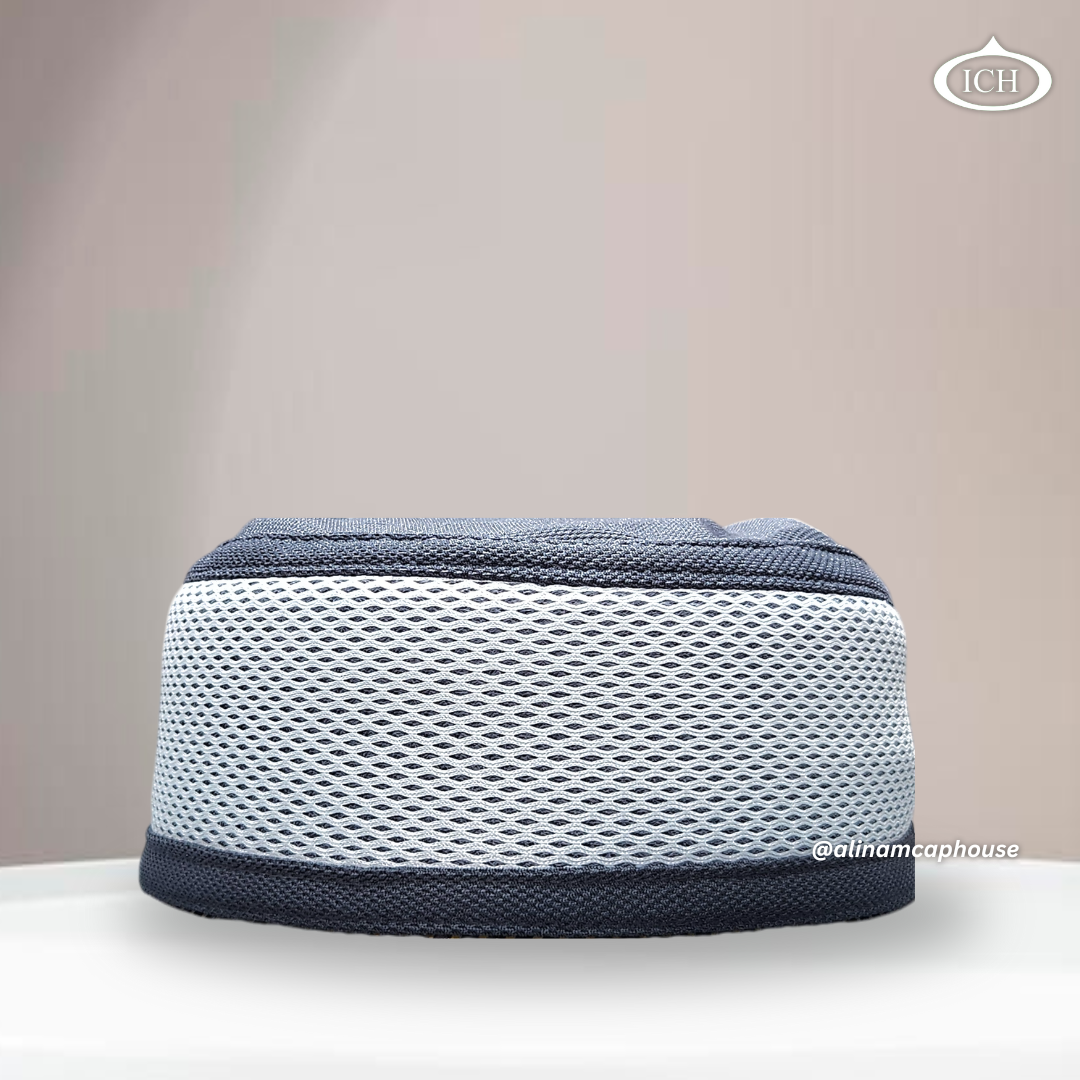 Al Inam Signature Islamic Prayer Cap white & dark gray, Front view, stretchable free size, AL INAM CAP HOUSE