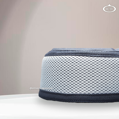 Al Inam Signature Islamic Prayer Cap white & dark gray, kufi style design, side view, comfortable fit, AL INAM CAP HOUSE