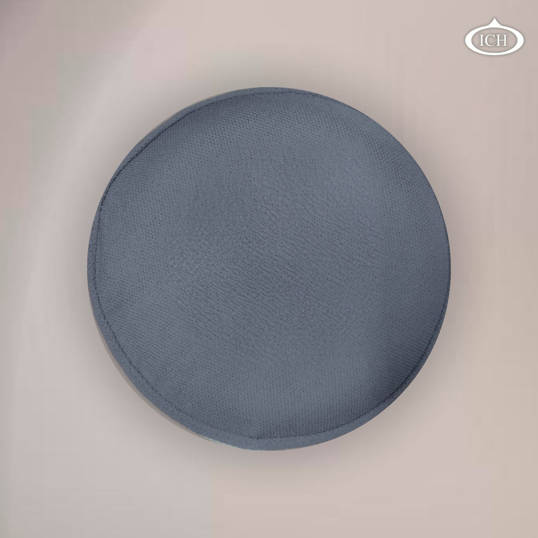 Al Inam Signature Islamic Prayer Cap white & dark gray, top view, elegant handcrafted detail, AL INAM CAP HOUSE