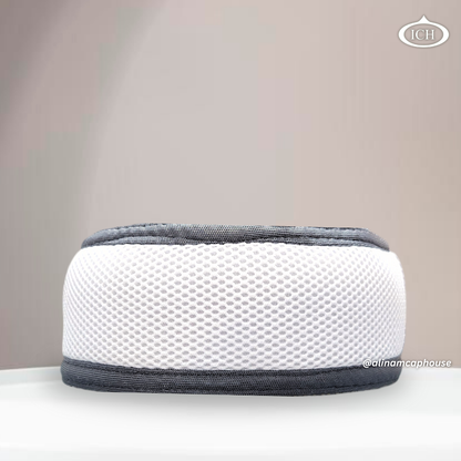 Al Inam Signature Islamic Prayer Cap white & light gray, Front view, stretchable free size, AL INAM CAP HOUSE