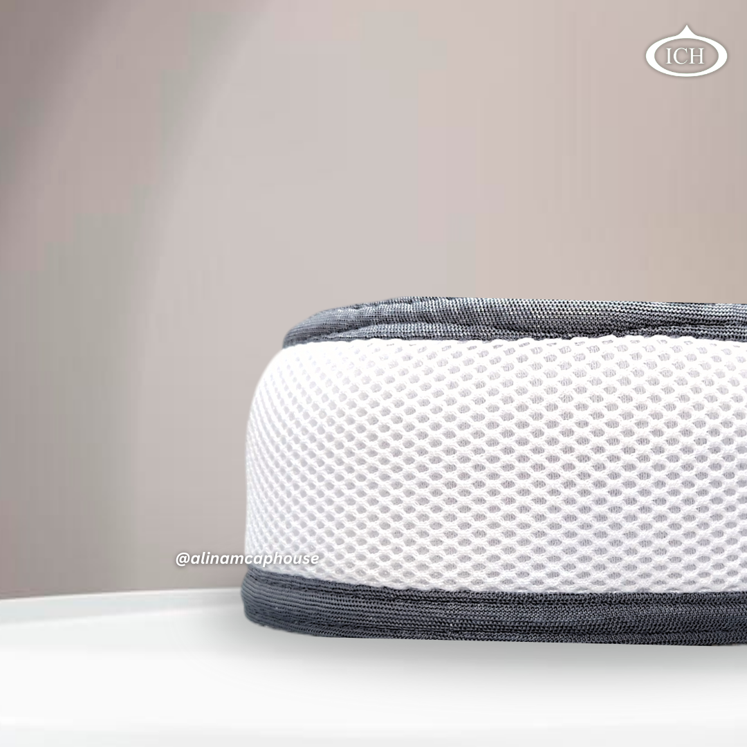 Al Inam Signature Islamic Prayer Cap white & light gray, kufi style design, side view, comfortable fit, AL INAM CAP HOUSE