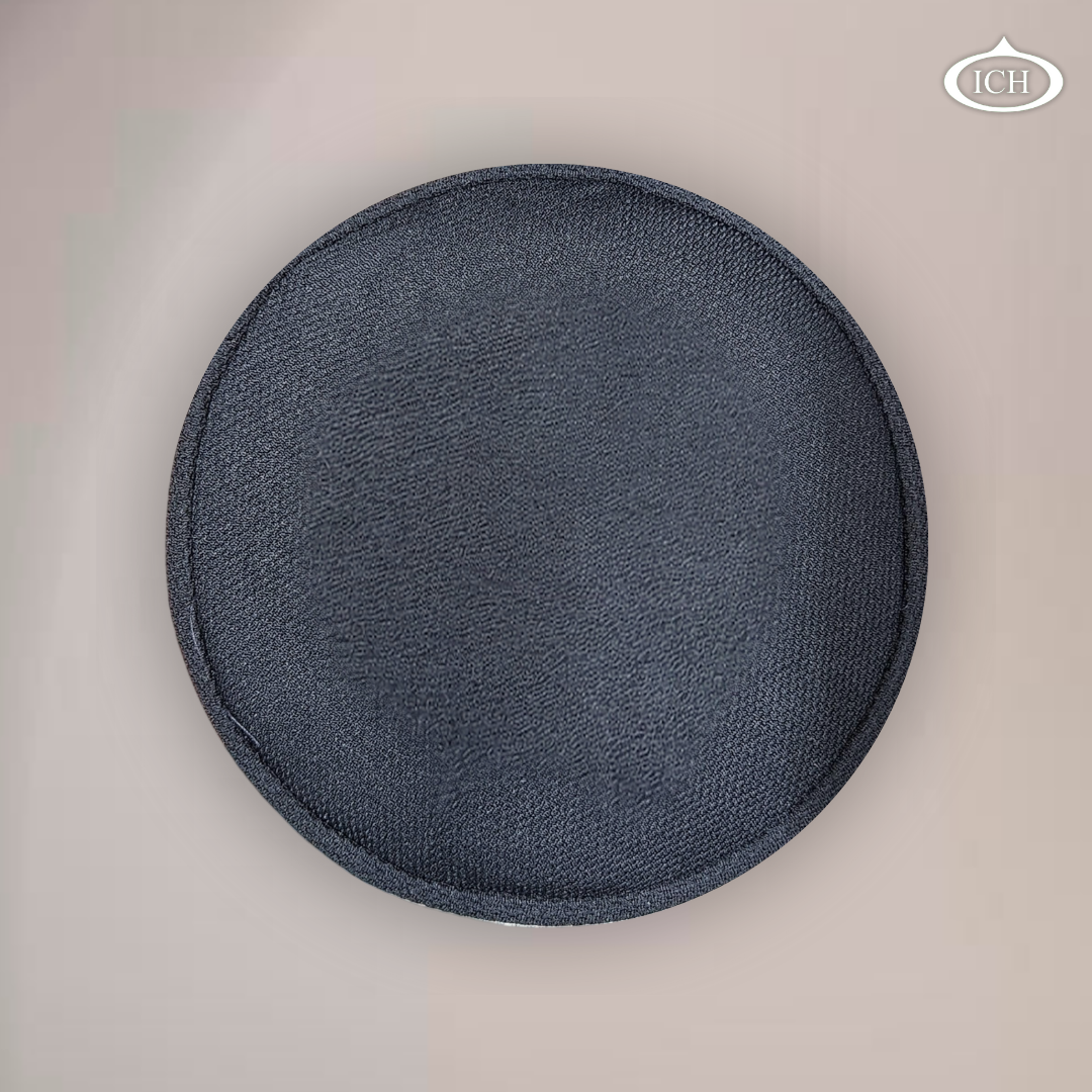 Al Inam Signature Islamic Prayer Cap white & light gray, top view, elegant handcrafted detail, AL INAM CAP HOUSE