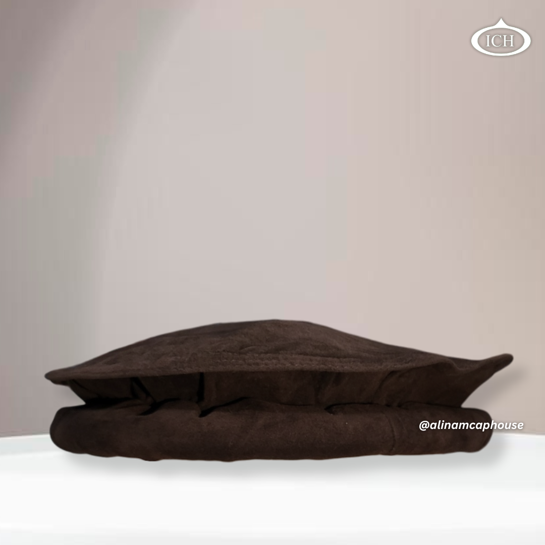 Brown velvet Kabuli cap, Islamic prayer cap, premium Afghan topi, soft velvet fabric, elegant handcrafted stitching, AL INAM CAP HOUSE