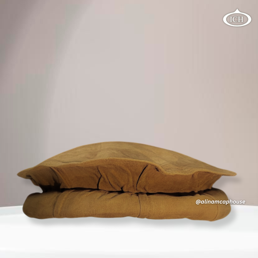 Camel velvet Kabuli cap, Islamic prayer topi, premium velvet Afghan cap, elegant stitched design, AL INAM CAP HOUSE