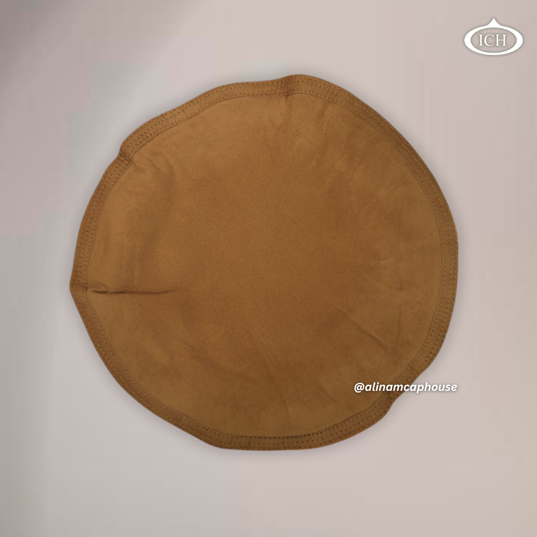Camel velvet Islamic prayer cap, traditional Kabuli topi, smooth velvet texture, soft circular pattern, AL INAM CAP HOUSE