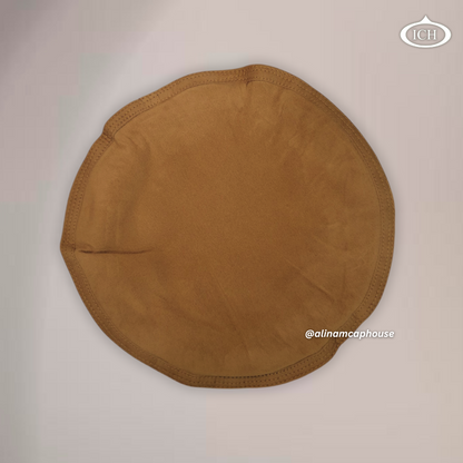 Camel velvet Islamic prayer cap, traditional Kabuli topi, smooth velvet texture, soft circular pattern, AL INAM CAP HOUSE