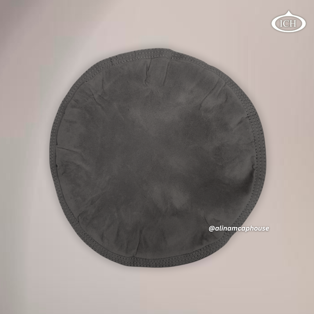 Dark grey velvet Islamic cap, smooth velvet fabric, circular Kabuli topi pattern, AL INAM CAP HOUSE