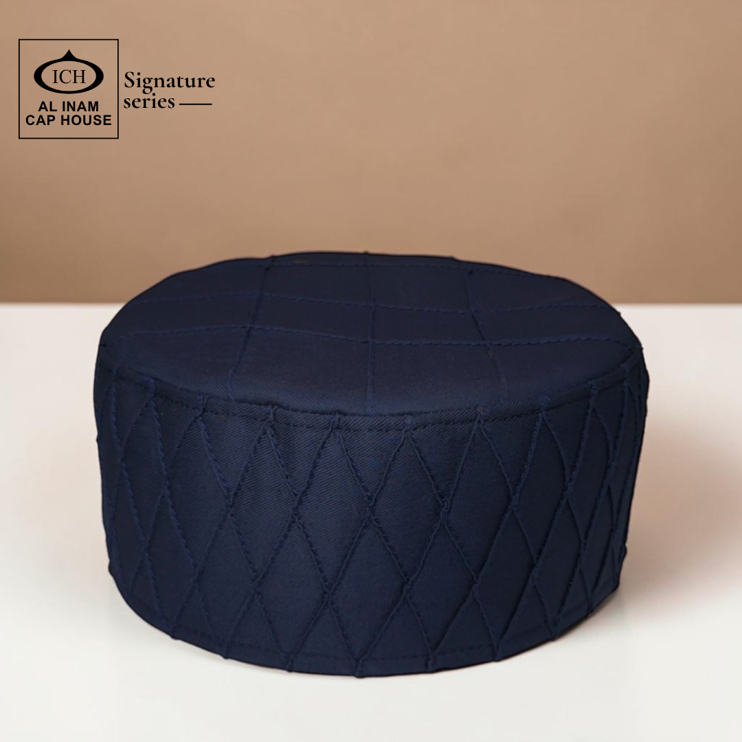 Front top view of AL INAM blue Islamic Prayer Cap ICH-0000-A02 featuring breathable fabric and detailed kufi cap design.
