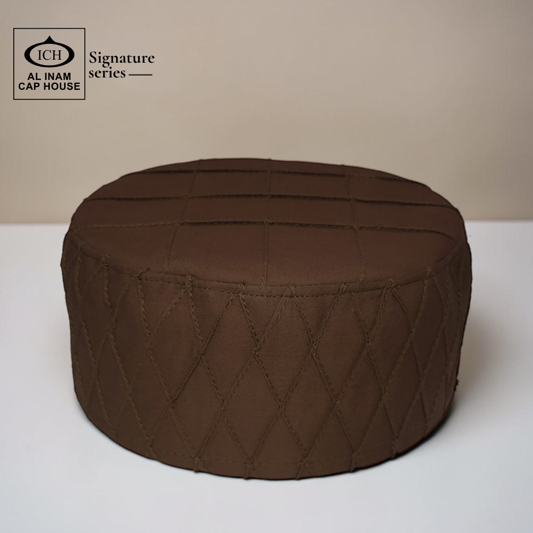 Front top view of AL INAM brown Islamic Prayer Cap ICH-0000-A02 featuring premium breathable fabric and elegant kufi cap design.