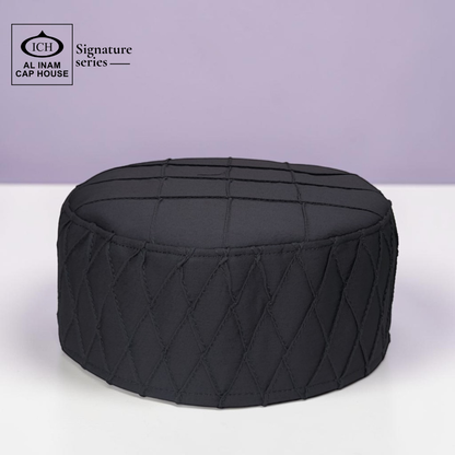 Front top view of AL INAM grey Islamic Prayer Cap ICH-0000-A02 showcasing detailed stitching and breathable fabric.