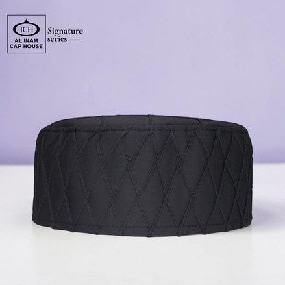 Front view of AL INAM grey Islamic prayer cap featuring lightweight comfort and traditional Muslim design.