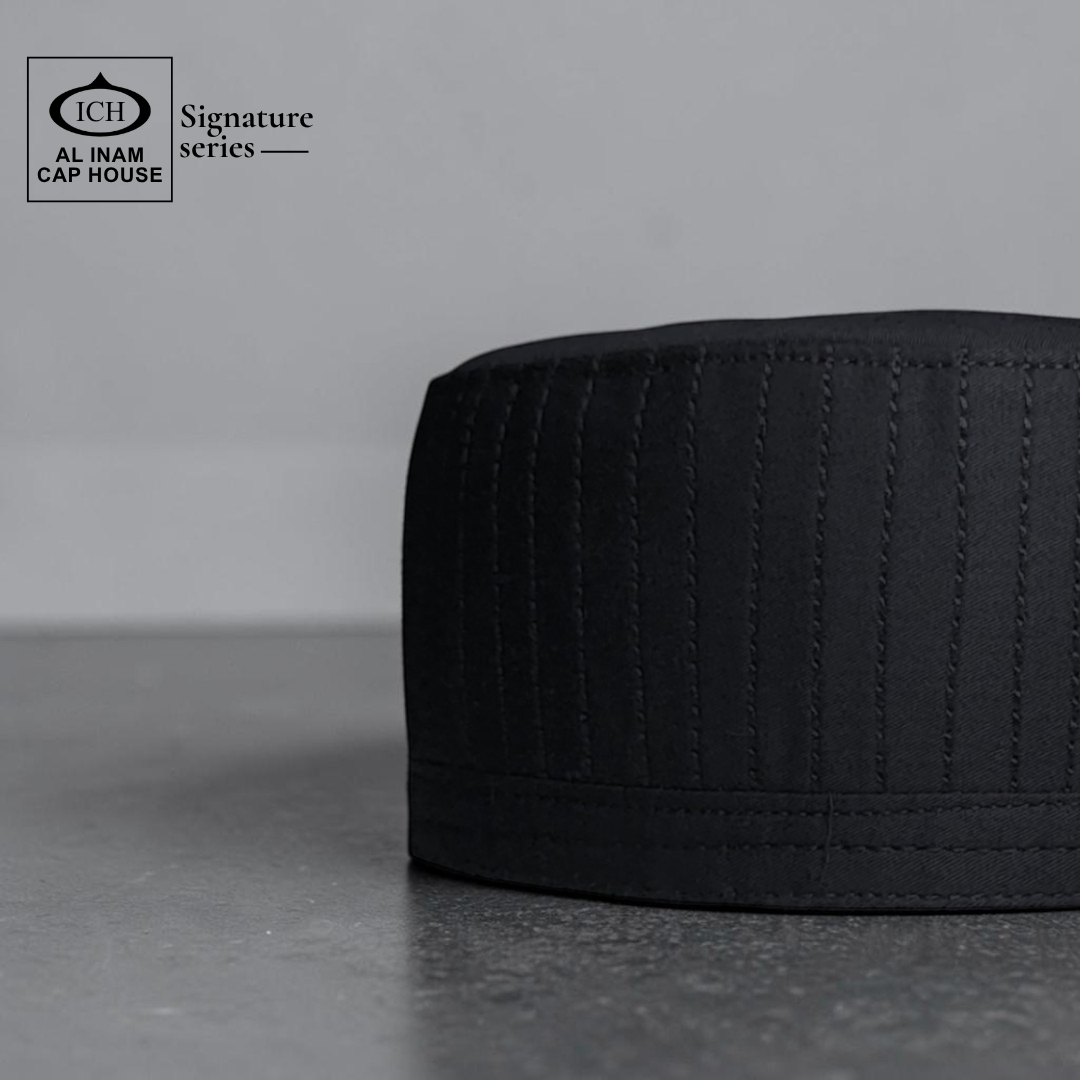 Side view of AL INAM Signature Islamic Prayer Cap highlighting structured fit, smooth stitching and breathable fabric for everyday comfort and masjid use.