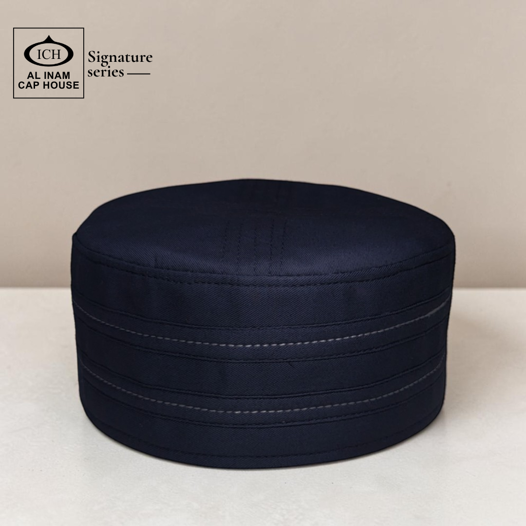 Top front view of AL INAM Blue Islamic Kufi Cap showing structured round shape, neat stitching and breathable fabric design for comfortable and stylish prayer wear.