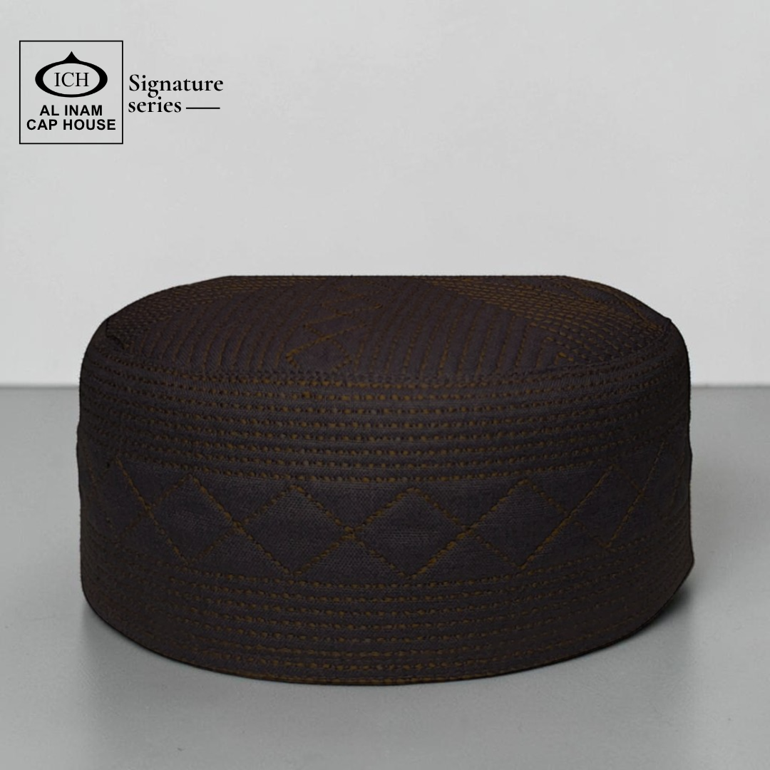 Front top view of AL INAM Islamic Prayer Cap ICH-0000-A07 featuring premium breathable fabric, elegant stitching details and traditional Muslim kufi cap craftsmanship for everyday wear.