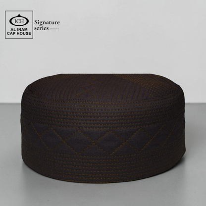 Front top view of AL INAM Islamic Prayer Cap ICH-0000-A07 featuring premium breathable fabric, elegant stitching details and traditional Muslim kufi cap craftsmanship for everyday wear.