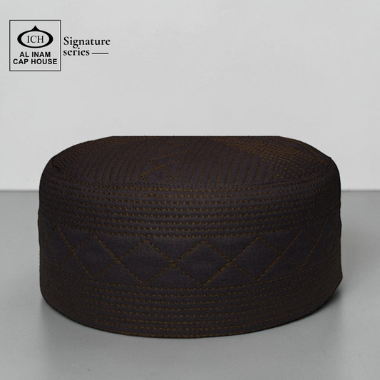 Front top view of AL INAM Islamic Prayer Cap ICH-0000-A07 featuring premium breathable fabric, elegant stitching details and traditional Muslim kufi cap craftsmanship for everyday wear.
