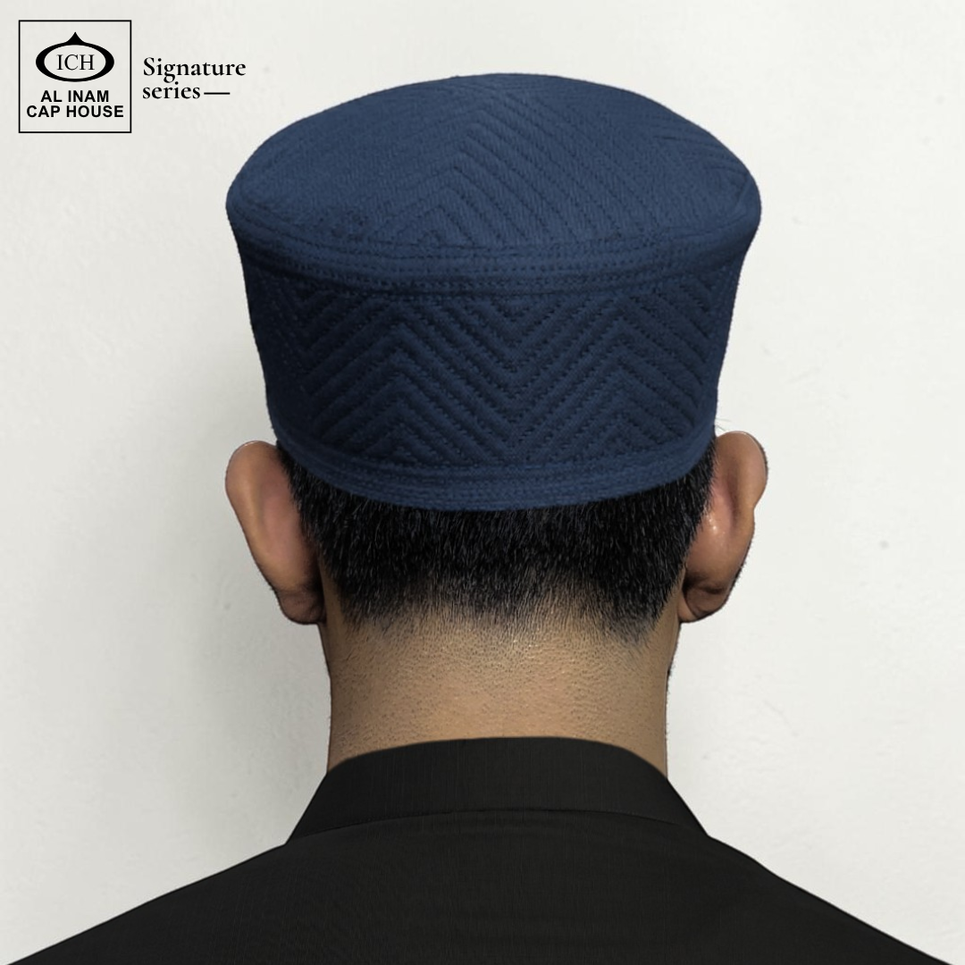 Model wearing AL INAM Islamic Prayer Cap ICH-0000-A08 showcasing comfortable fit, breathable cotton fabric and elegant kufi style suitable for namaz, Jummah prayer, Eid and daily Islamic wear.