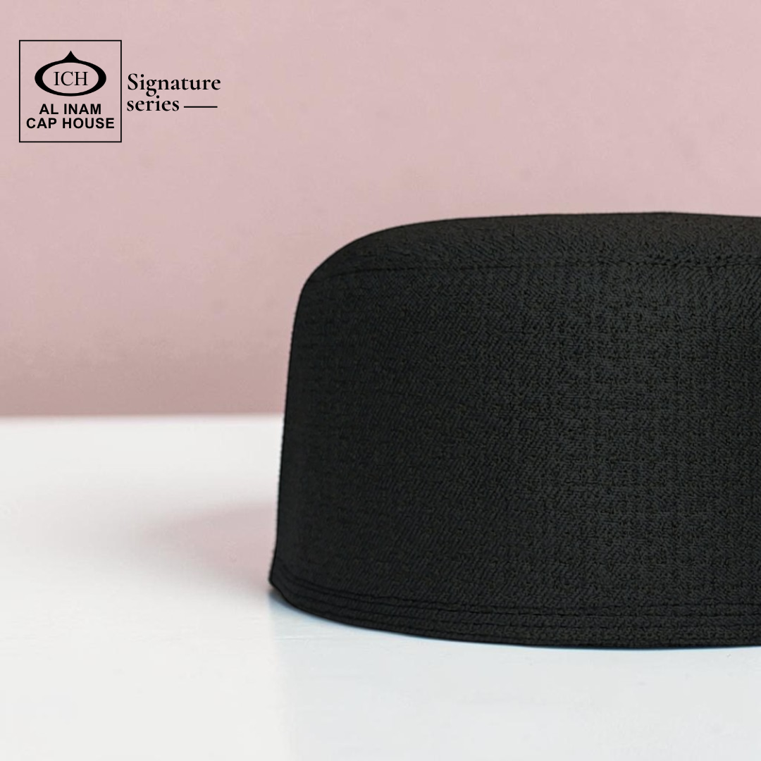 Side view of AL INAM Islamic Prayer Cap displaying breathable construction, comfortable fit and premium kufi skull cap craftsmanship for Muslim men.