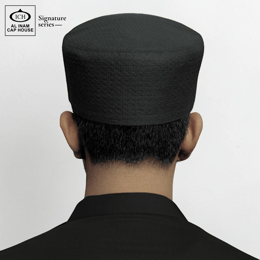 Model view of AL INAM Islamic Prayer Cap showing stylish fitting, soft comfortable wear and traditional Muslim prayer cap appearance.