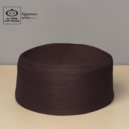 Front top view of AL INAM brown Islamic Prayer Cap ICH-0000-A10 featuring soft breathable fabric, premium detailing and traditional Muslim kufi cap design.