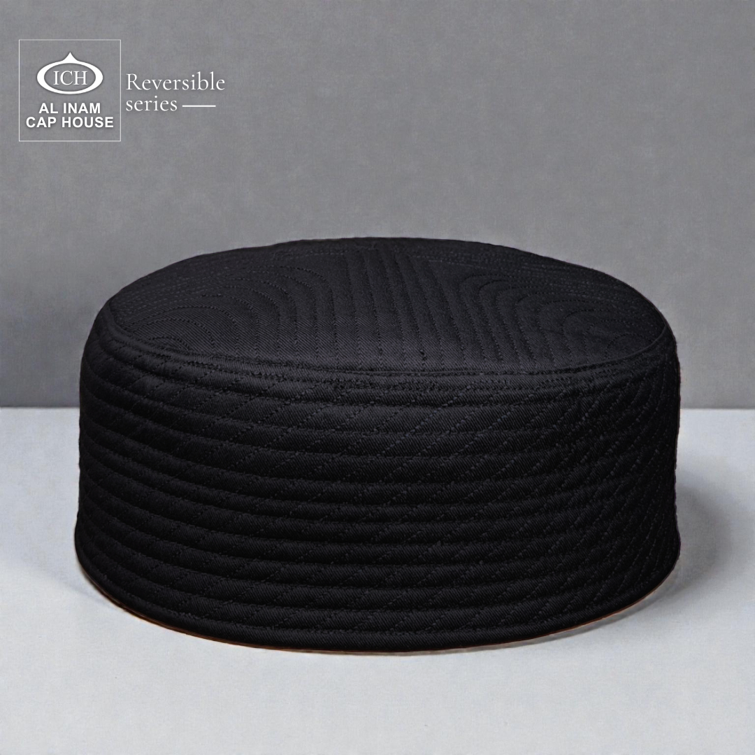 Front and top view of AL INAM Black Reversible Islamic Prayer Cap A-12 showcasing premium cotton construction, dual-sided reversible design, intricate embroidered detailing and breathable comfort for Muslim men during prayers and Islamic occasions.