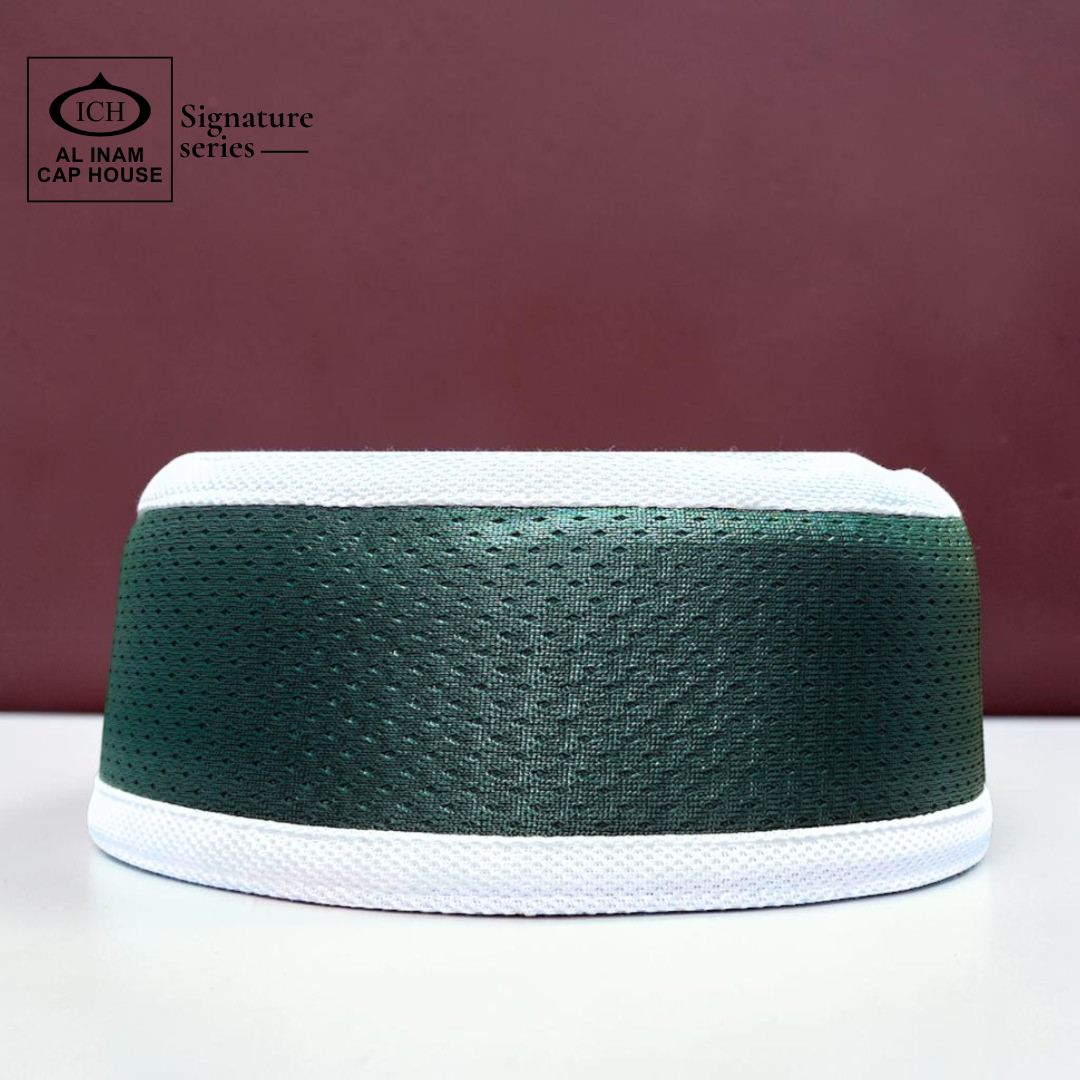 Front view of AL INAM Green and White Islamic prayer cap made with soft breathable cotton fabric and stretchable free size kufi design.