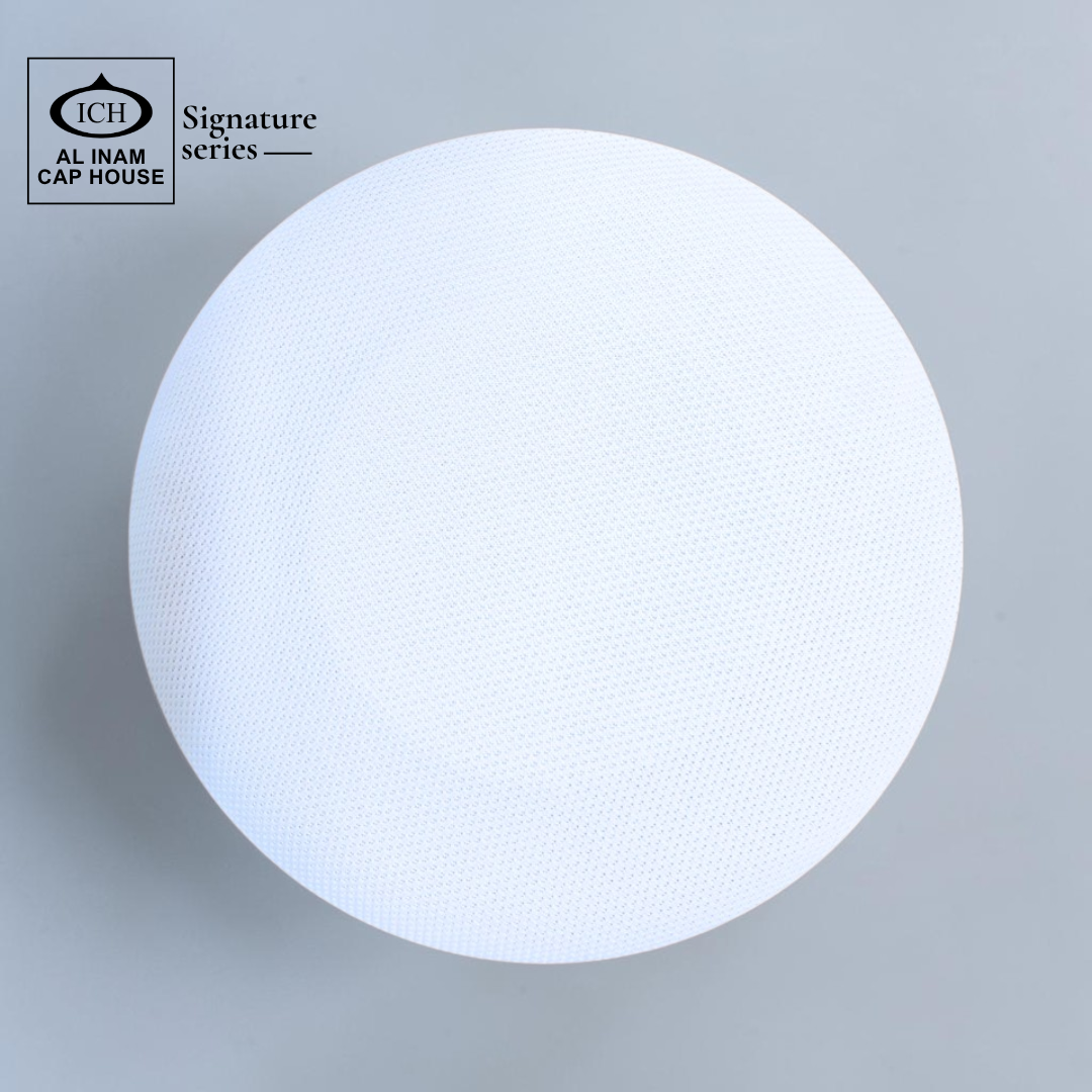 Top view of AL INAM Grey and White Islamic cap featuring clean design and lightweight breathable cotton.