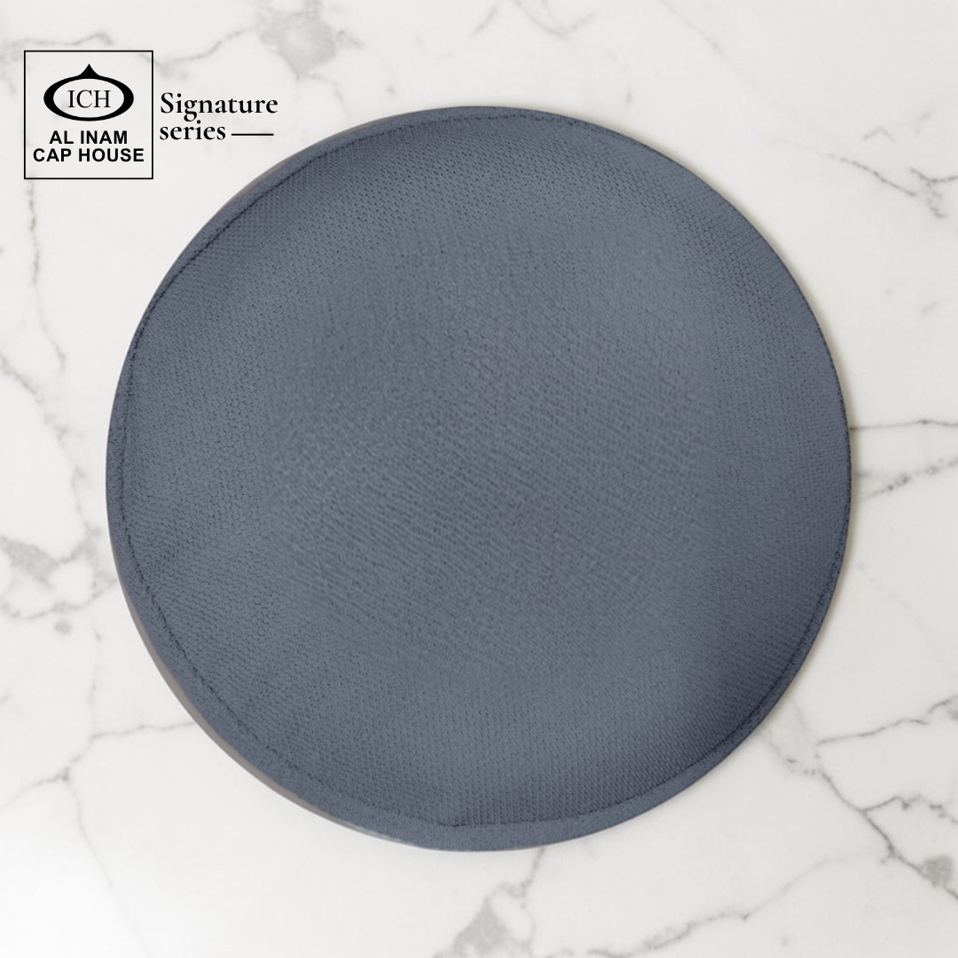 Top view of AL INAM White and Dark Gray Islamic cap with elegant pattern and breathable cotton.