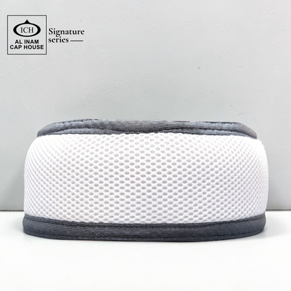 Front view of AL INAM White and Light Gray Islamic prayer cap with breathable cotton fabric, stretchable free size kufi skull cap for Muslim men