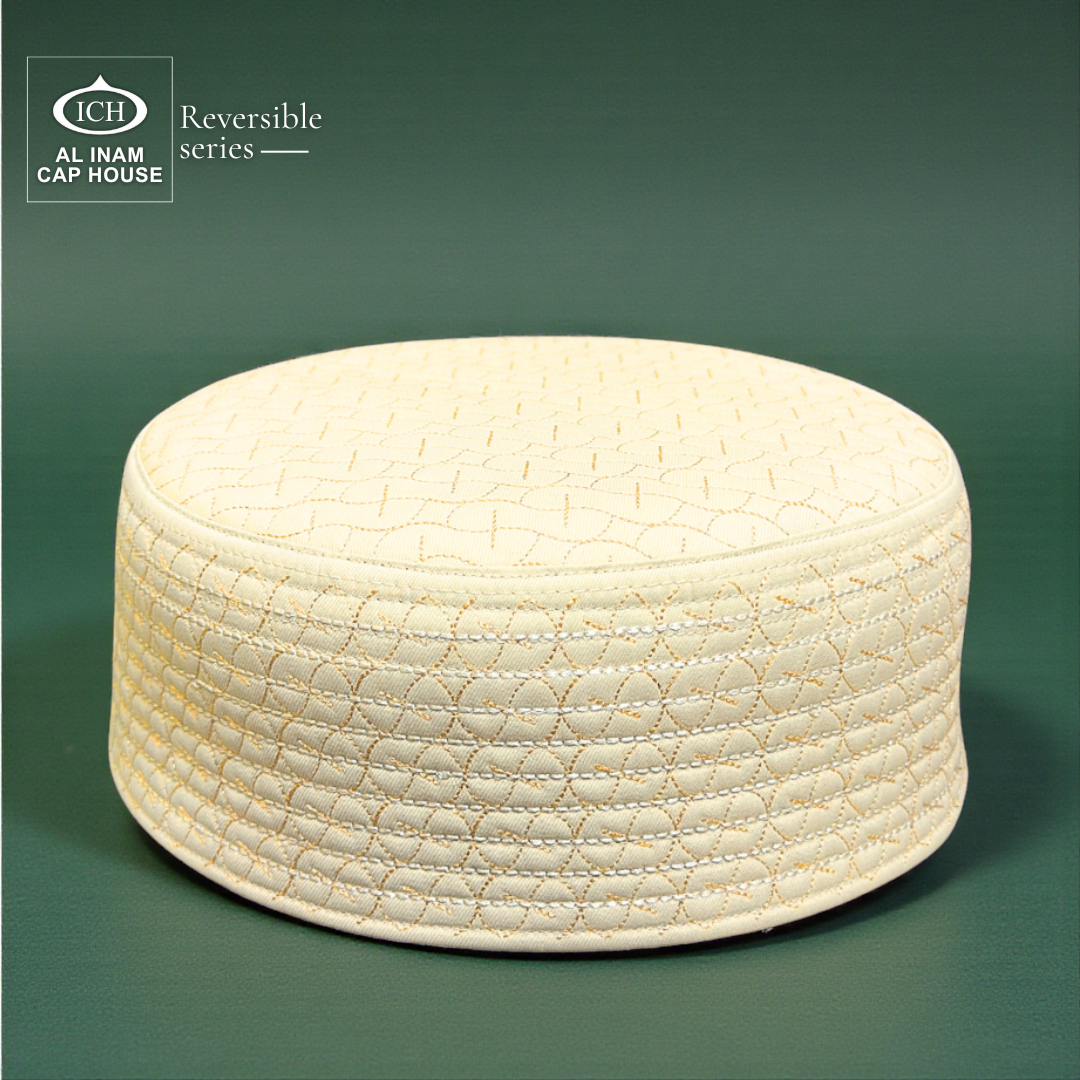 Top front perspective of AL INAM ICH Reversible Islamic Kufi Cap showcasing detailed craftsmanship, structured traditional design, soft breathable material, ideal skull cap for masjid, Islamic gatherings and special occasions.