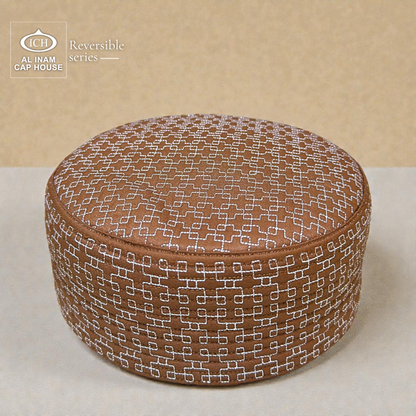 Top front angle of AL INAM ICH Reversible Islamic Kufi Cap highlighting fine stitching, structured fit, breathable cotton material and refined Islamic design suitable for masjid and special occasions.