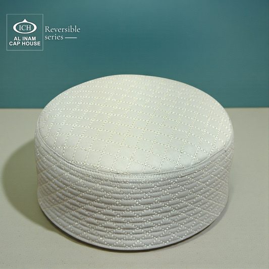 Top front structure view of AL INAM ICH Reversible Islamic Kufi Cap showcasing fine stitching, structured fit, soft cotton material and classic Islamic pattern suitable for masjid, Islamic gatherings and special occasions.