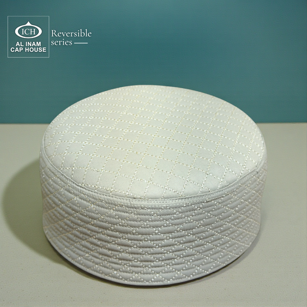 Top front structure view of AL INAM ICH Reversible Islamic Kufi Cap showcasing fine stitching, structured fit, soft cotton material and classic Islamic pattern suitable for masjid, Islamic gatherings and special occasions.