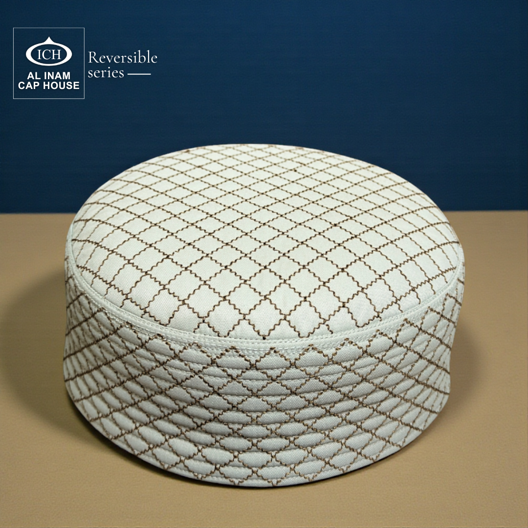 Top front display of AL INAM ICH Reversible Islamic Kufi Cap showcasing structured stitching, premium cotton craftsmanship, breathable lightweight material and refined traditional Islamic pattern for masjid and special occasions.