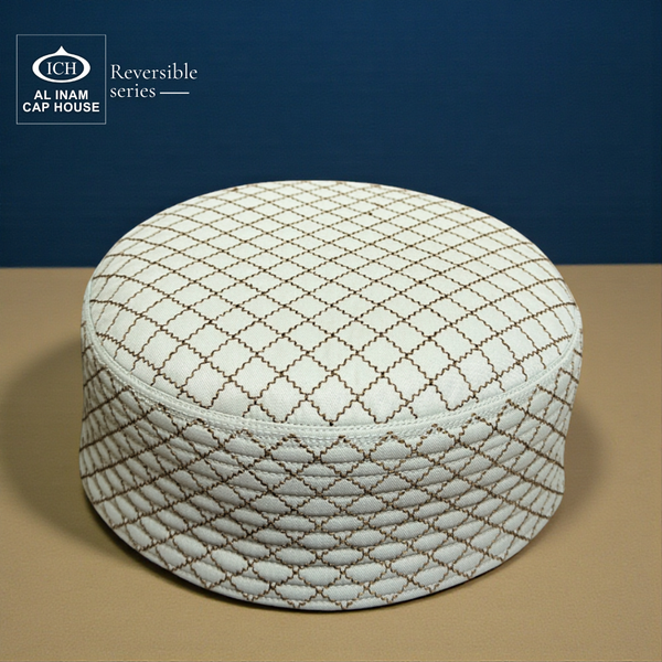 Top front display of AL INAM ICH Reversible Islamic Kufi Cap showcasing structured stitching, premium cotton craftsmanship, breathable lightweight material and refined traditional Islamic pattern for masjid and special occasions.