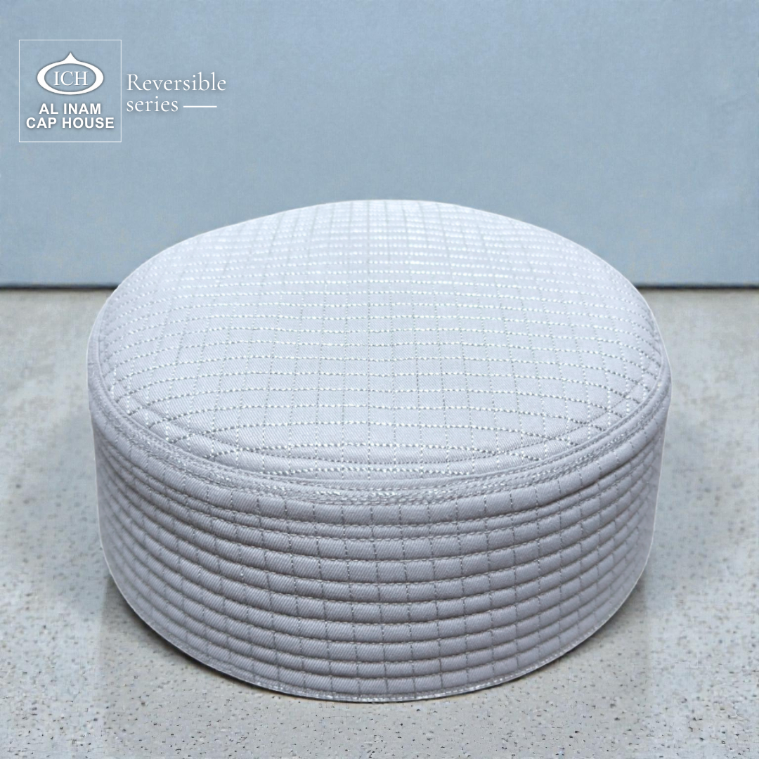 Top front structure view of AL INAM ICH Reversible Islamic Kufi Cap showcasing fine stitching, traditional Islamic pattern, soft cotton material and structured fit suitable for masjid and religious gatherings.