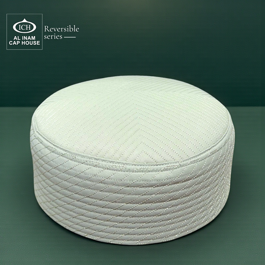 Top front angle of AL INAM ICH Reversible Islamic Kufi Cap featuring precise stitching, structured fit, soft cotton material and refined Islamic design suitable for masjid and religious gatherings.