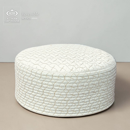 Front and top view of AL INAM Golden Islamic Prayer Cap A-25 showcasing premium cotton construction, intricate embroidered pattern, breathable fabric and traditional kufi cap craftsmanship for Muslim men.