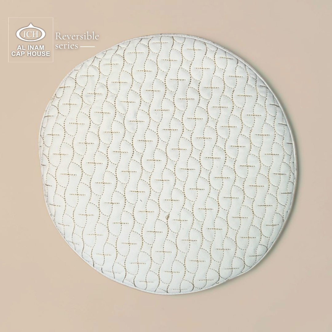 Top view of AL INAM Golden Islamic Prayer Cap A-25 highlighting detailed embroidered design, premium breathable cotton fabric, lightweight comfort and superior craftsmanship for prayer and everyday use.