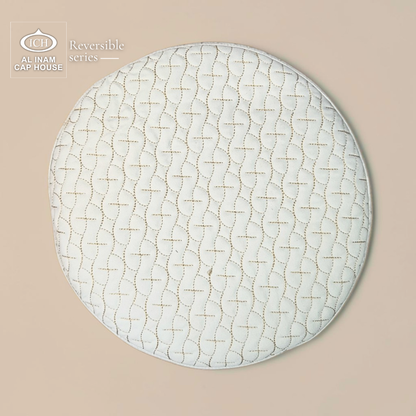 Top view of AL INAM Golden Islamic Prayer Cap A-25 highlighting detailed embroidered design, premium breathable cotton fabric, lightweight comfort and superior craftsmanship for prayer and everyday use.