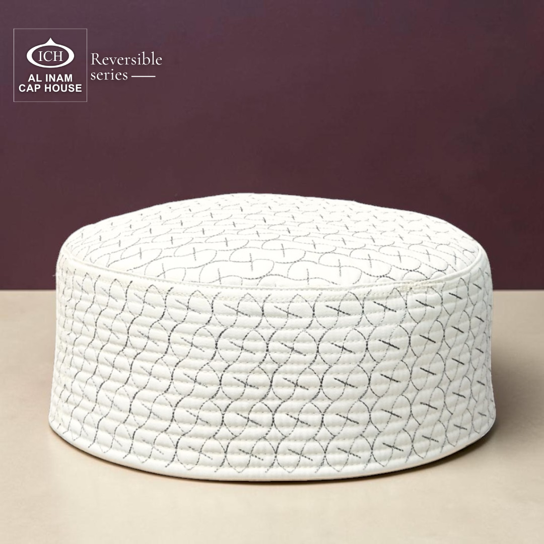 Front and top view of AL INAM Grey Islamic Prayer Cap A-25 showcasing premium cotton construction, intricate embroidered pattern, breathable fabric and traditional kufi cap craftsmanship for Muslim men.
