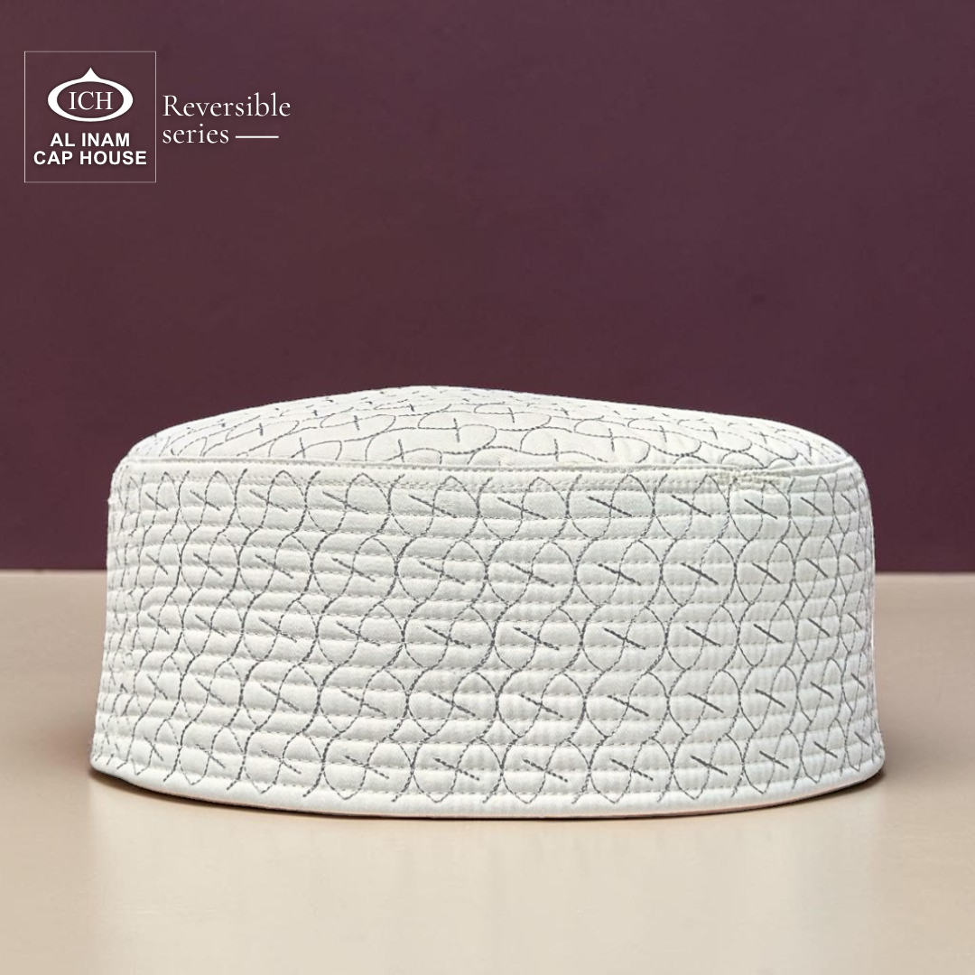 Front view of AL INAM Grey Islamic Prayer Cap A-25 crafted from premium breathable cotton fabric with elegant embroidered detailing, lightweight kufi skull cap for Muslim men, ideal for namaz, Jummah prayer, Eid, Umrah and everyday Islamic wear.