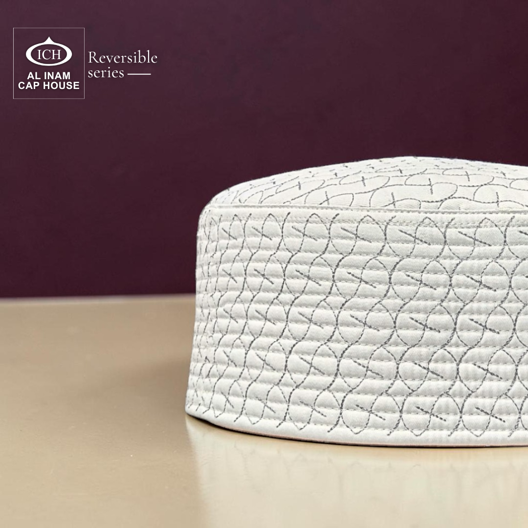 Side view of AL INAM Grey Islamic Prayer Cap A-25 featuring soft breathable cotton fabric, detailed embroidery, comfortable fit, durable stitching and classic kufi skull cap design for daily Islamic wear.